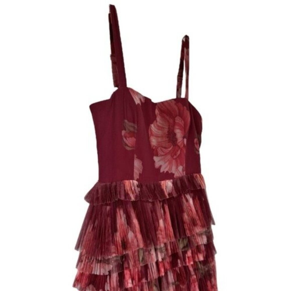 Anthropologie Hutch Nalina Tiered Tulle Floral Print Burgundy Maxi Dress Size 10 - Picture 3 of 10